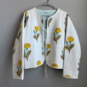 Le Bazar Coastal White/Yellow Block Print Marigold Floral Quilted Cotton Jacket